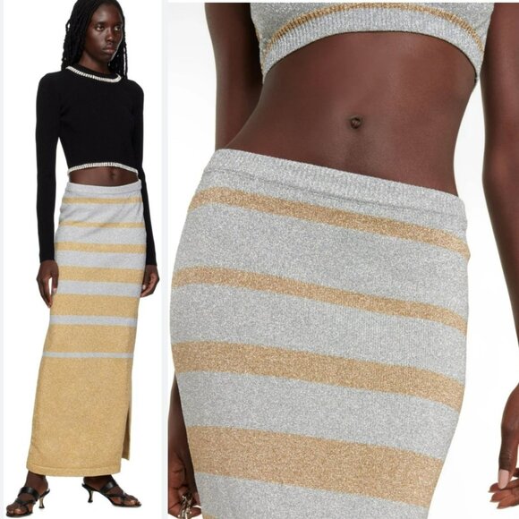 Paco Rabanne Gold Silver Stripe Metallic Knit Maxi Skirt Side Slit Glam Resort - Picture 13 of 14